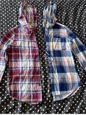 Wishful Park Hooded Plaid Button-Up Shirt - Burgundy & Navy
